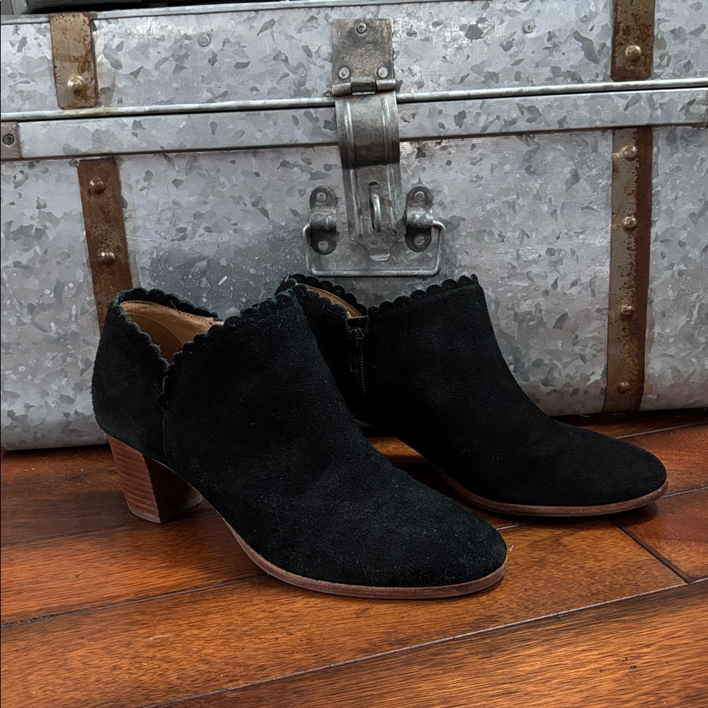 Jack Rogers Marianne suede ankle booties with a scalloped edge and stacked heel